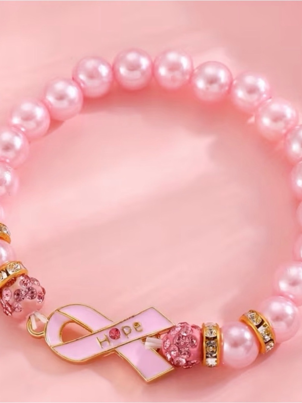 Pink Hope Ribbon Pearl Stretch Bracelet